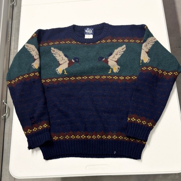 Woolrich Other - Woolrich Sweater Mens L Blue Fair Mallard Duck Intarsia Knit Wool Vintage 90s